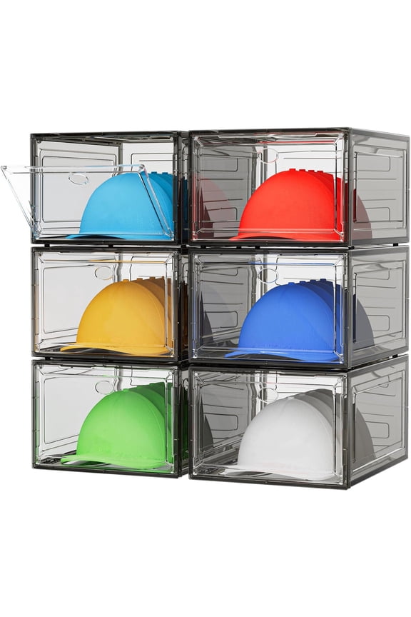 Hat Organizer Box, 6 Boxes for 40 Pack Hats, Upgrade Harder Solid Plastic Hat Organizer for Baseball Caps, Clear Hat Storage with Magnetic Door, Hat Rack Holder Case, Black