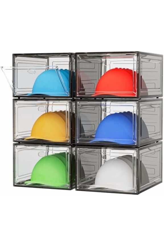 Hat Organizer Box, 6 Boxes for 40 Pack Hats, Upgrade Harder Solid Plastic Hat Organizer for Baseball Caps, Clear Hat Storage with Magnetic Door, Hat Rack Holder Case, Black