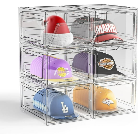 Hat Organizer Box for Baseball Caps, 6 Pack Plastic Hat Storage Display Case with Magnetic Door, Hat Holder Rack for Closet, Snapback Organizer, Hold 8 Caps Each