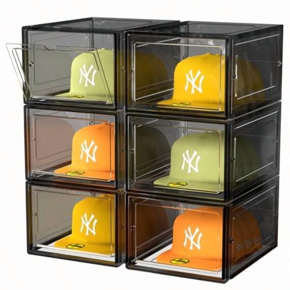 Hat Organizer Box Stackable Clear Baseball Caps Holder Box Containers with Magnetic Door for Hats Snapback Cap Storag Hat Rack Display Case Holds 8 Hats Each Black 6 Pack