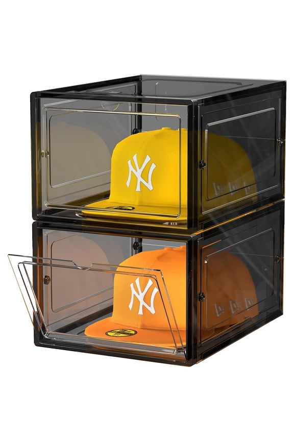 Hat Organizer Box, Stackable Clear Baseball Caps Holder Box Containers with Magnetic Door for Hats Snapback Cap Storag, Hat Rack Display Case, Holds 8 Hats Each (Black, 2 Pack)