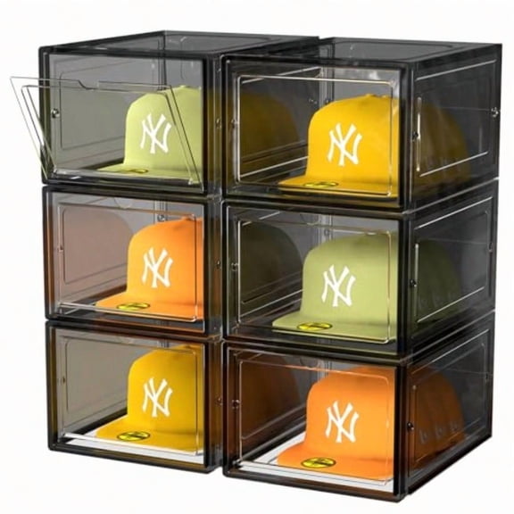 Hat Organizer Box Stackable Clear Baseball Caps Holder Box Containers with Magnetic Door for Hats Snapback Cap Storag Hat Rack Display Case Holds 8 Hats Each Black 6 Pack