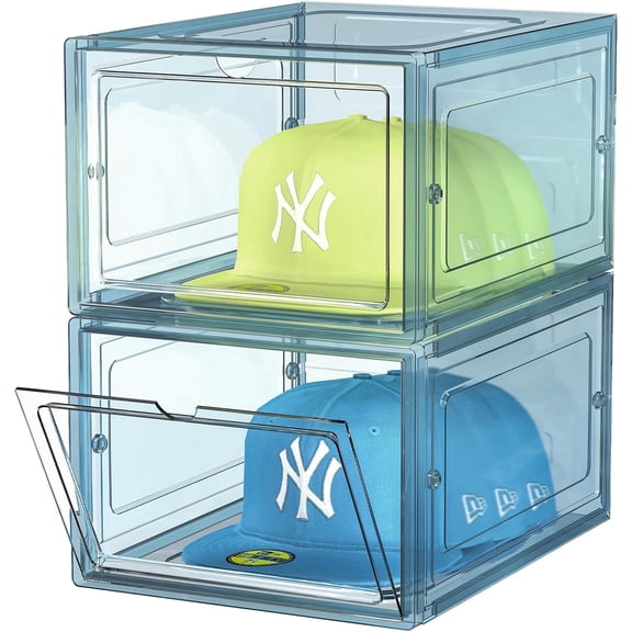 Hat Organizer Box, Stackable Clear Baseball Caps Holder Box Containers with Magnetic Door for Hats Snapback Cap Storag, Hat Rack Display Case, Holds 8 Hats Each (Blue, 2 Pack)