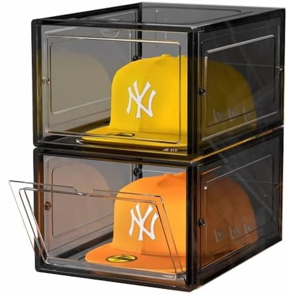 Hat Organizer Box, Stackable Clear Baseball Caps Holder Box Containers with Magnetic Door for Hats Snapback Cap Storag, Hat Rack Display Case, Holds 8 Hats Each (Clear, 2 Pack)