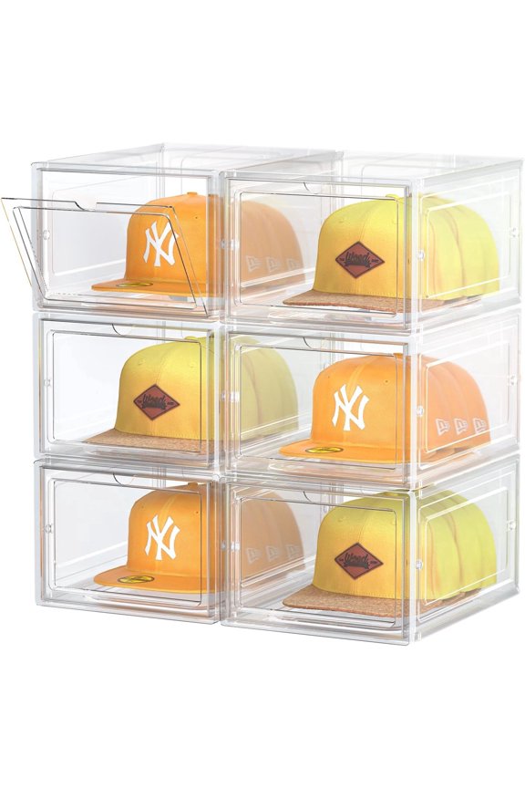 Hat Organizer Box, Stackable Clear Baseball Caps Holder Box Containers with Magnetic Door for Hats Snapback Cap Storag, Hat Rack Display Case, Holds 8 Hats Each (Clear, 6 Pack)