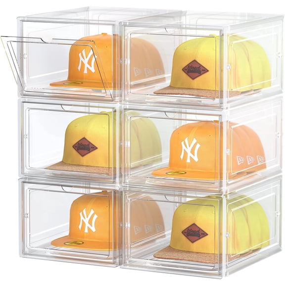 Hat Organizer Box, Stackable Clear Baseball Caps Holder Box Containers with Magnetic Door for Hats Snapback Cap Storag, Hat Rack Display Case, Holds 8 Hats Each (Clear, 6 Pack)