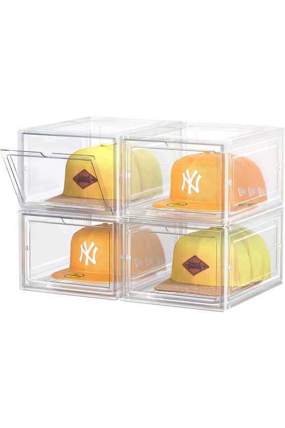Hat Organizer Box, Stackable Clear Baseball Caps Holder Box Containers with Magnetic Door for Hats Snapback Cap Storag, Hat Rack Display Case, Holds 8 Hats Each (Clear, 4 Pack)