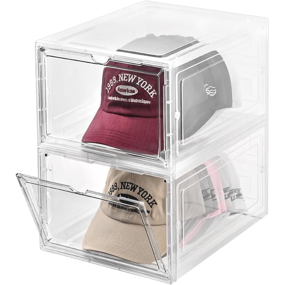 Hat Organizer Box,Stackable Clear Baseball Caps Holder Box Containers with Magnetic Door for Hats Snapback Cap Storage,Clear Hat Storage with Magnetic Door, Holds 20 Hats(clear, 2 pack)
