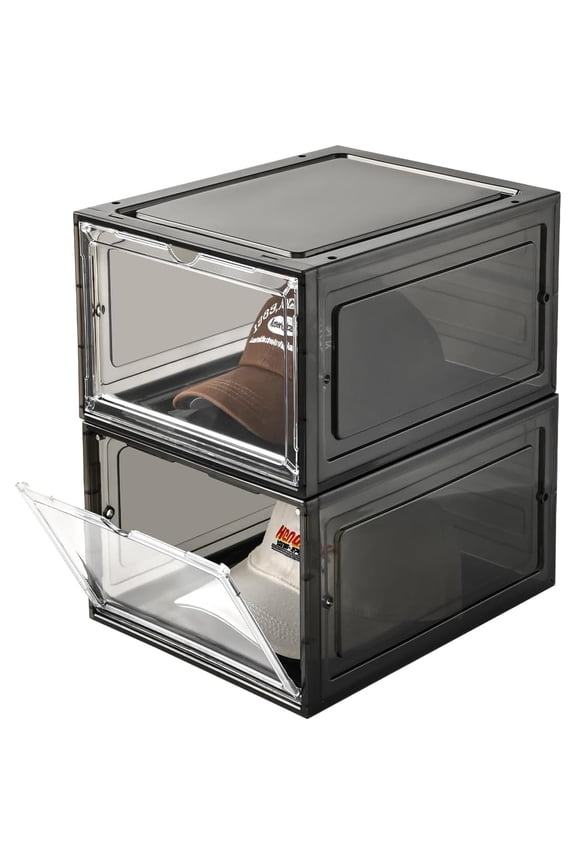 Hat Organizer Box,Stackable Clear Baseball Caps Holder Box Containers with Magnetic Door for Hats Snapback Cap Storage,Clear Hat Storage with Magnetic Door, Holds 20 Hats (black clear, 2 pack)