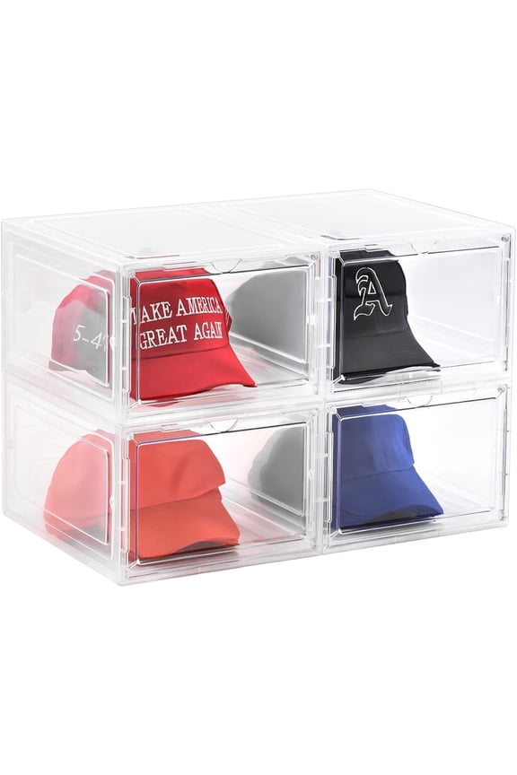 Hat Organizer Box,Stackable Clear Baseball Caps Holder Box Containers with Magnetic Door for Hats Snapback Cap Storage,Clear Hat Storage with Magnetic Door, Holds 40 Hats (clear, 4 pack)