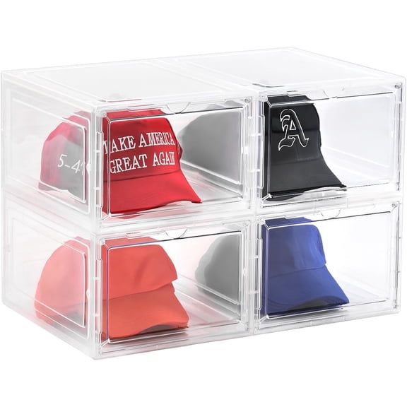Hat Organizer Box,Stackable Clear Baseball Caps Holder Box Containers with Magnetic Door for Hats Snapback Cap Storage,Clear Hat Storage with Magnetic Door, Holds 40 Hats (clear, 4 pack)