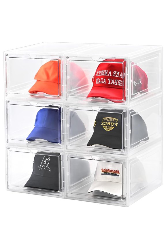 Hat Organizer Box,Stackable Clear Baseball Caps Holder Box Containers with Magnetic Door for Hats Snapback Cap Storage,Clear Hat Storage with Magnetic Door, Holds 60 Hats(clear, 6 pack)