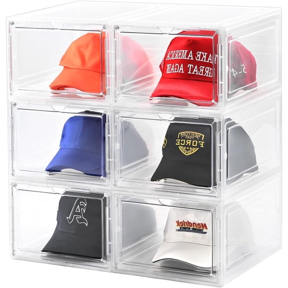 Hat Organizer Box,Stackable Clear Baseball Caps Holder Box Containers with Magnetic Door for Hats Snapback Cap Storage,Clear Hat Storage with Magnetic Door, Holds 60 Hats(clear, 6 pack)
