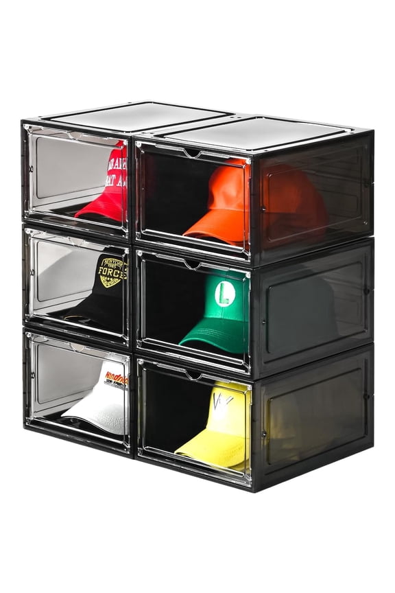 Hat Organizer Box,Stackable Clear Baseball Caps Holder Box Containers with Magnetic Door for Hats Snapback Cap Storage,Clear Hat Storage with Magnetic Door, Holds 60 Hats(black clear, 6 pack)