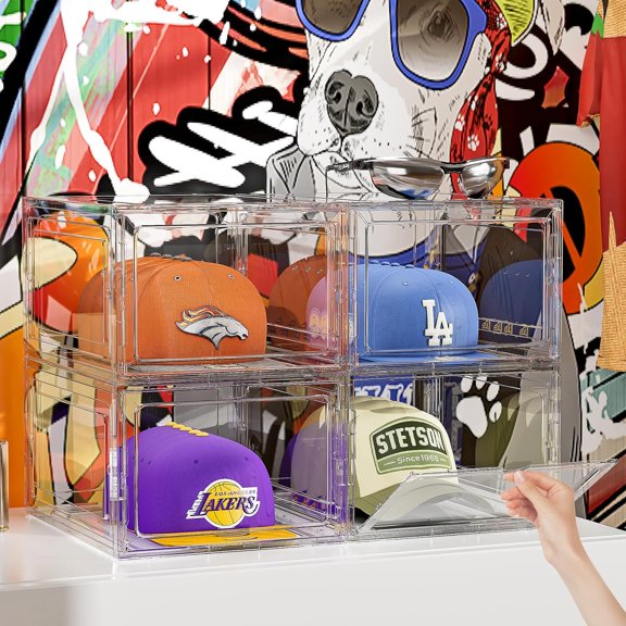 Hat Organizer Box for Baseball Caps, 6 Pack Plastic Storage with Magnetic Door