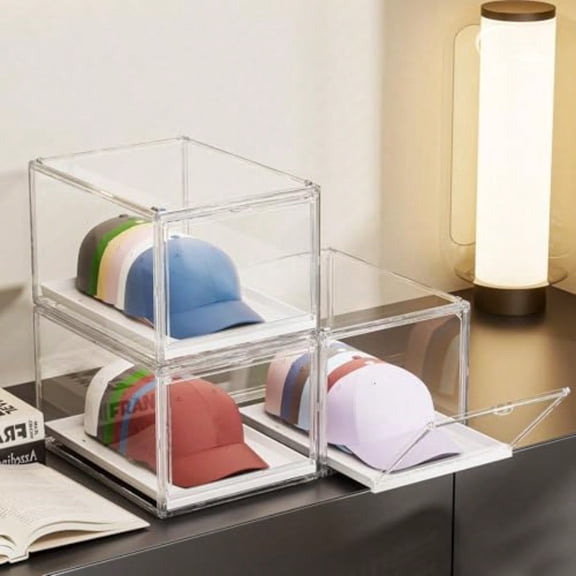 Hat Organizer Cap Box Stackable Clear Baseball Caps Holder Containers with Magnetic Door for Hats Snapback Cap Storage Pull Out Drawer Hat Rack Display Case 3pack