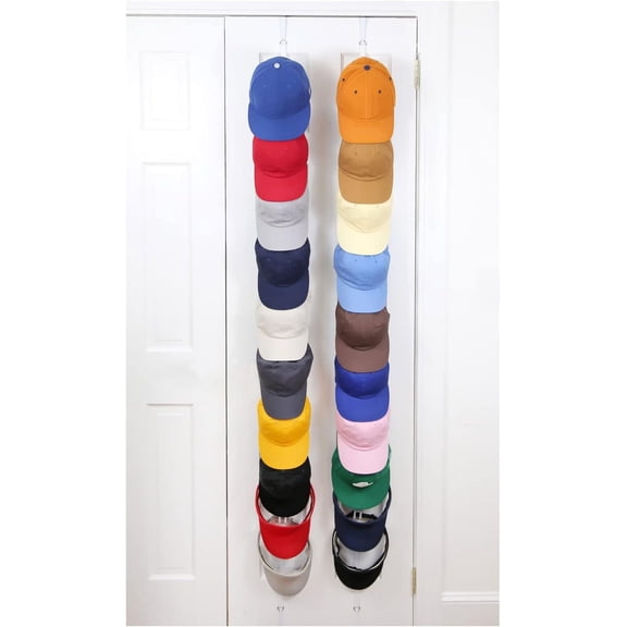 Hat Organizer Cap Rack FAV | Hat Racks | Hold up to 40 caps | Over Door Organizer for Baseball Hat | Fitted & Adjustable Caps & Visors | Door Slam Proof | 2 Straps | White