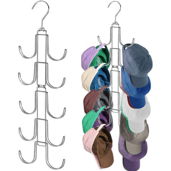 Hat Organizer for Closet, Collapsible Caps Rack with 10 Rotatable Large Hooks, Holds Up to 40 Baseball Caps, Metal Space Saving Hat Hanger for Display, Storage and Closet Organizers, Silver
