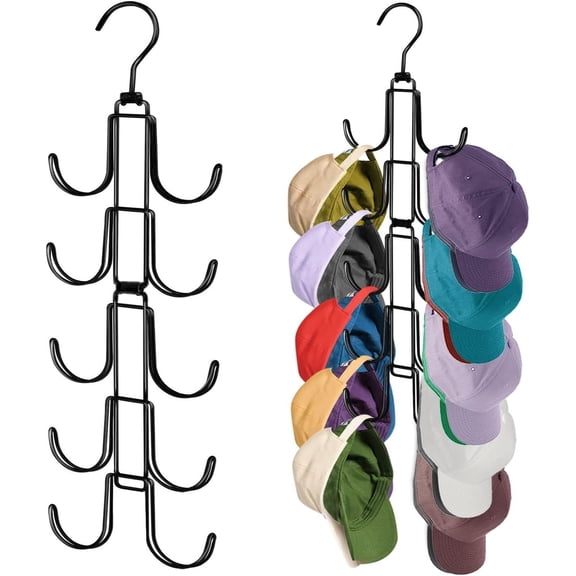 Hat Organizer for Closet, Rotatable Metal Caps Rack with 10 Large Hooks for Display, Holds Up to 40 Baseball Caps, Collapsible Hat Hanger for Closet, Dorm Room Organizers and Storage, Black