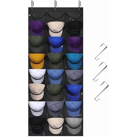 Hat Organizer, Hat Racks for Baseball Caps with 24 Pockets, Over The Door Hat Rack with 3 Hooks Save Space in Bedroom,Living Room,Bathroom,Kitchen,Entry Room, Hallways(Black)