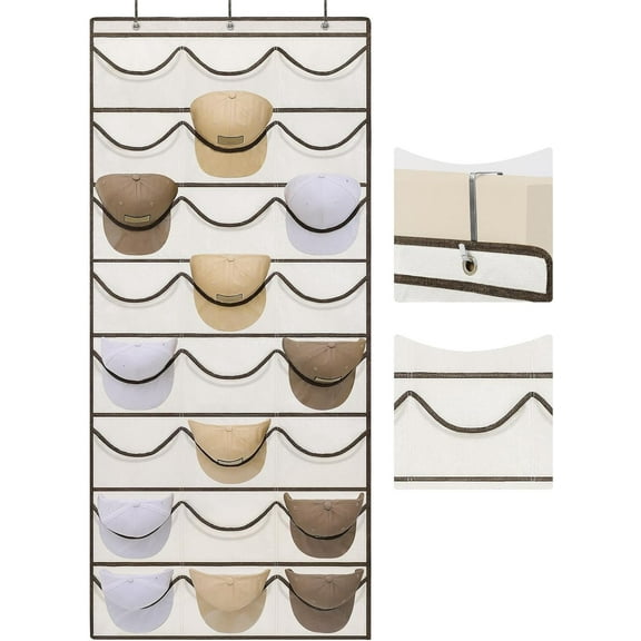 Hat Organizer, Hat Racks for Baseball Caps with 24 Pockets, Over The Door Hat Rack with 3 Hooks Save Space in Bedroom,Living Room,Bathroom,Kitchen,Entry Room, Hallways(White)