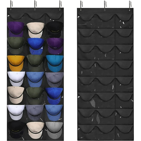 Hat Organizer - Hat Racks for Baseball Caps, Visible Hat Holder - Baseball Hat Rack for Wall Door with 3 Hooks, 24 Deep Pockets (Black)