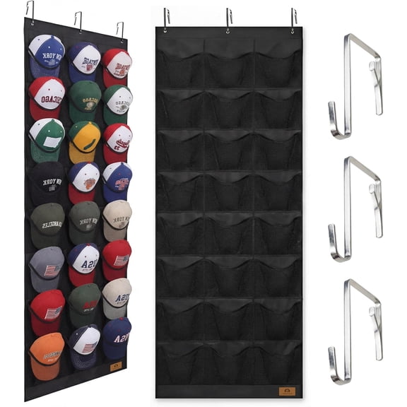 Hat Organizer Racks for Baseball Caps,Hat Rack with 24 Deep Pocket,over the door hat organizer Hat Storage to Protect and Display for Door, Bedroom, Black