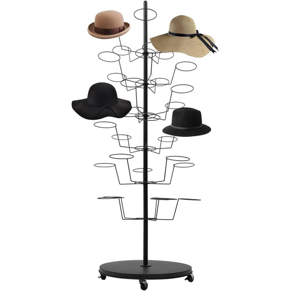 Hat Rack 6-Tier Hats Display Rack 30 Hat Holders Cap Headwear Organizer with Wheels Metal Floor Standing Display Tower Hanger for Wig Cap Baseball Hat