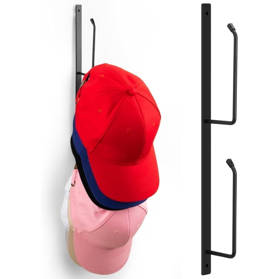 Hat Rack for Baseball Caps (2-Pack), Stainless Steel Hat Organizer for Baseball Caps, Multi-Purpose Hooks for Wall, Strong Adhesive/Wall Drilled (Black)