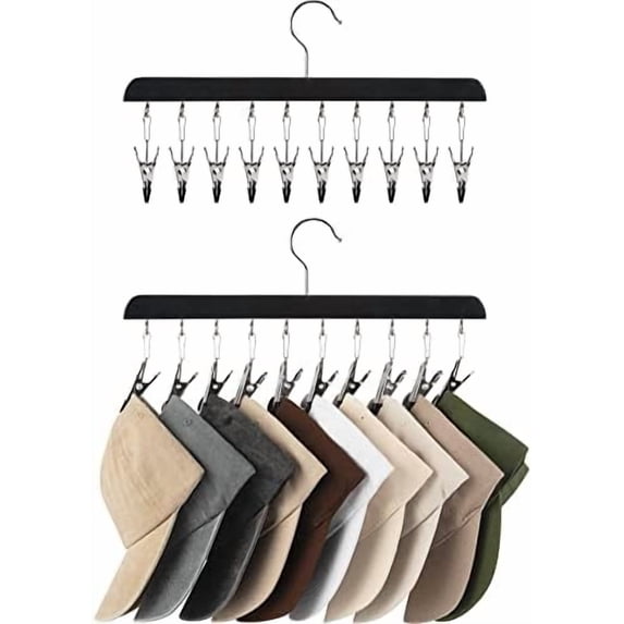 Hat Rack, Closet Organizer and Storage for Baseball Caps,Set of 2 with 10 Adjustable Stainless Steel Clips, Fits All Caps, Black