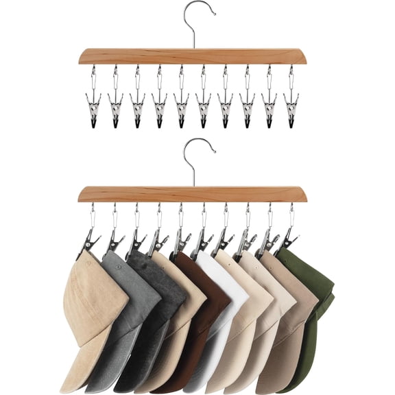 Hat Rack, Closet Organizer and Storage for Baseball Caps,Set of 2 with 10 Adjustable Stainless Steel Clips, Fits All Caps, Natural Wood Color