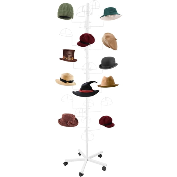 Hat Rack,Hat Stand Hat Storage Stand With 25 Hooks Metal Hats Display Stand Freestanding Hatstand With 5Universal Wheels For Home Commercial,19.69 * 70.87In (White)