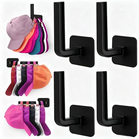 Hat Rack for Hat Storage (4-Pack), Strong Adhesive Hat Hooks for Wall Hat Organizer for Baseball Caps, Two Mounting Options Hat Hook, Black