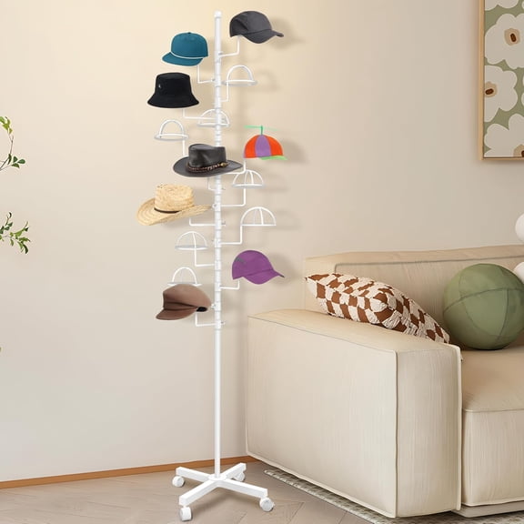 Hat Rack Stand 15 Hooks, Hat Display Stand Metal, Hat Display for Stores, 15 Customizable Circular Hooks (White)