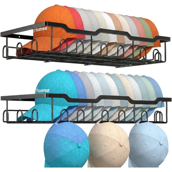 Hat Rack for Wall - 2 Pack Metal Hat Organizer for Baseball Caps - Heavy Duty Wall Mounted Baseball Cap Organizer and Hat Storage for Closet Wall or Bedroom - Holds 48 Caps,Black