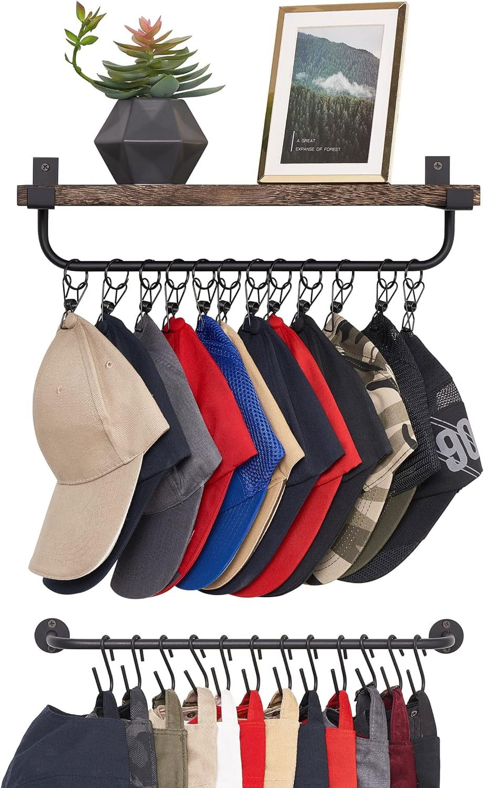 Hat Rack for Wall with Shelf 24 Baseball Caps Organizer with 12 Hook 12 Clips Wooden Hat Shelf Metal Hat Hanger for Baseball Hats and Accessories Storage Cowboy Hat Rack for Closet