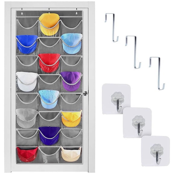 Hat Rack for Baseball Caps, 24-Pocket Over-the-Door/Wall Hanging Hat Organizer with Clear Pockets & 3 Hooks for Closet Cap Storage