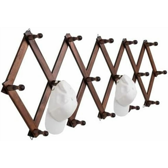 Hat Rack for Wall, Expandable Wall Hat Holder with 16 Hooks, 16 inch Wooden Wall Hook for Baseball Caps,Cowboy, Bag,Hoodie(Brown)