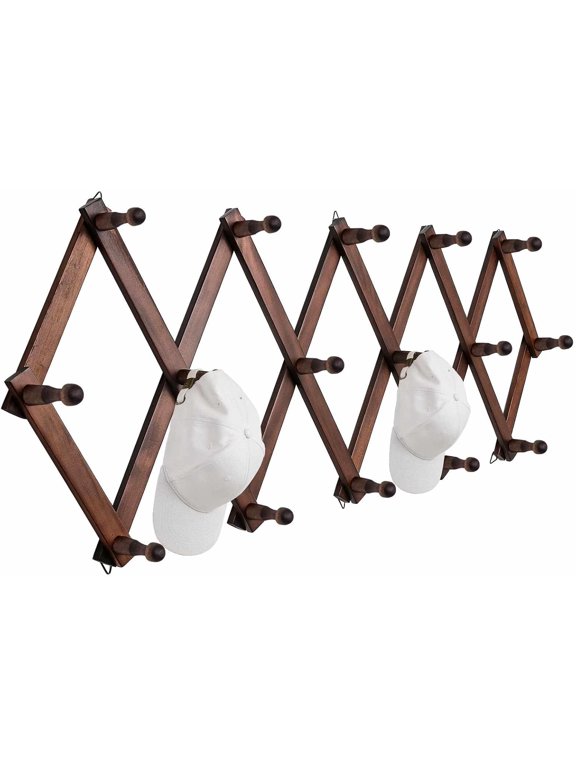 Hat Rack for Wall, Expandable Wall Hat Holder with 16 Hooks, 16 inch Wooden Wall Hook for Baseball Caps,Cowboy, Bag,Hoodie(Brown)