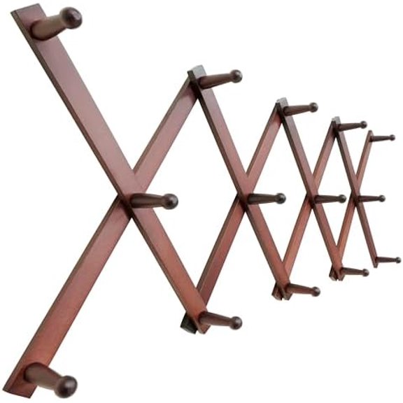 Hat Rack for Wall with 14 Hooks, Solid Wooden, Modern, Expandable Coat Rack Wall Mount for Coats, Hats, Bags, Baseball Caps, Cherry Red