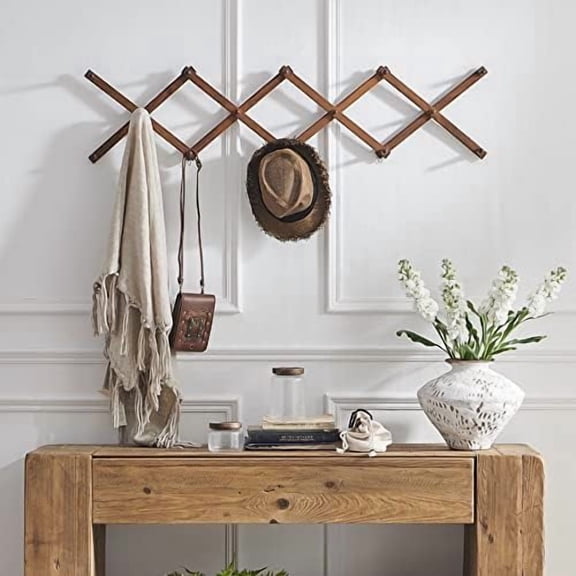 Hat Rack for Wall with 14 Hooks, Solid Wooden, Modern, Expandable Coat Rack Wall Mount for Coats, Hats, Bags, Baseball Caps, Walnut Color