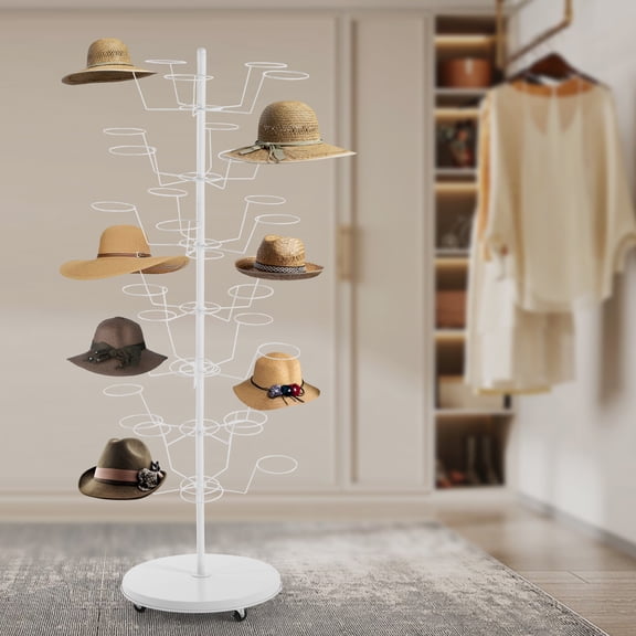 Hat Rack with 35 Positions, Free-Standing with Universal Wheels, Modern Design for Retail or Home Use, Easy to Install