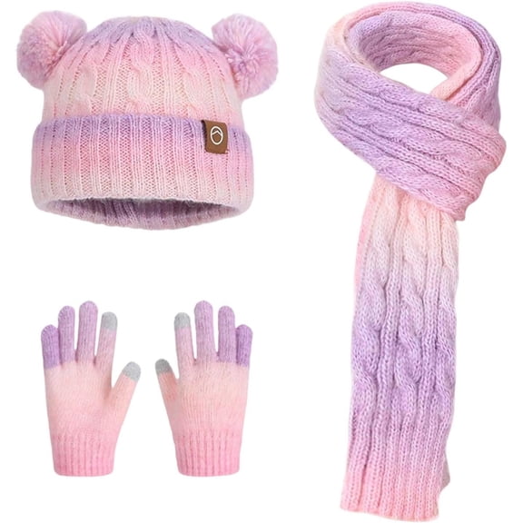Hat Scarf Glove Set for Kids Boys Girls Winter Beanies with Pompom Knitted Scarf Thermal Gloves Outdoor Warm Accessories