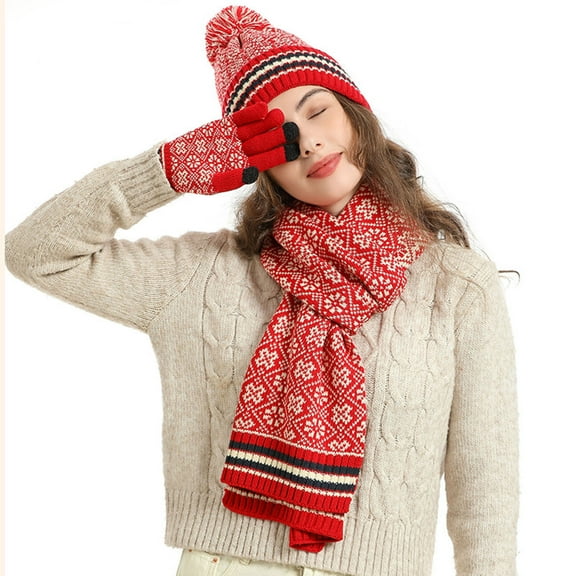 Hat Scarf Glove Set for Women Cute Fashion Boho Pompom Knit Beanie Cap Warm Neck Scarf Mittens Trendy 2024 Winter Gift