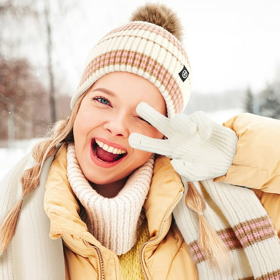 Hat Scarf Glove Set for Women Cute Fashion Striped Pompom Knit Beanie Cap Warm Neck Scarf Mittens Trendy 2024 Winter Gift
