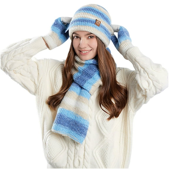 Hat Scarf Gloves Set for Women Warm Winter Crochet Beanies Hat Striped Knit Scarves Touch Screen Gloves Blue