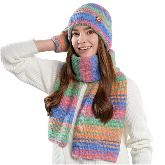 Hat Scarf Gloves Set for Women Warm Winter Crochet Beanies Hat Striped Knit Scarves Touch Screen Gloves Green
