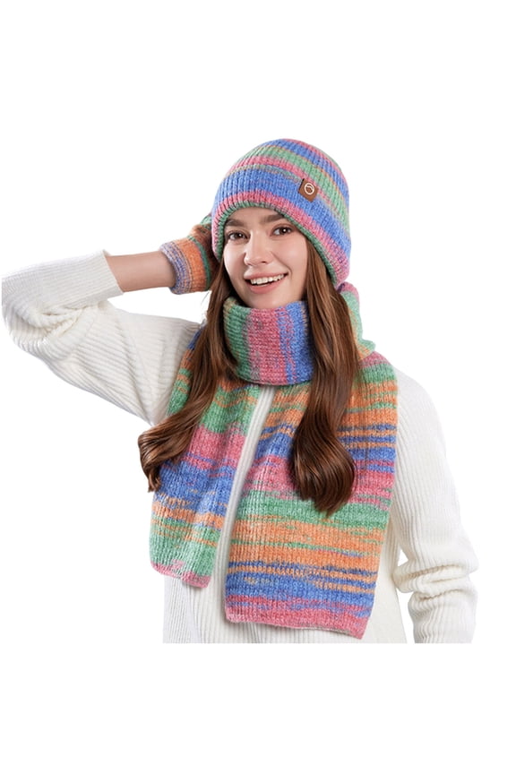 Hat Scarf Gloves Set for Women Warm Winter Crochet Beanies Hat Striped Knit Scarves Touch Screen Gloves Green