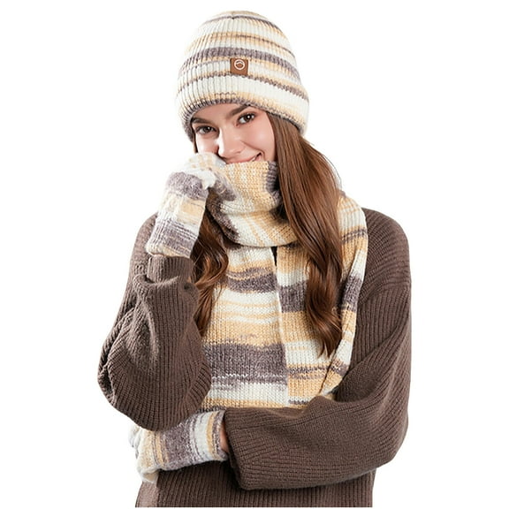 Hat Scarf Gloves Set for Women Warm Winter Crochet Beanies Hat Striped Knit Scarves Touch Screen Gloves Khaki