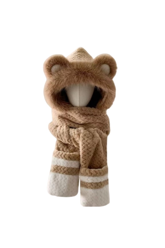 Hat Scarf Gloves Set for Women in Winter, Bear Ear Plush Fleece Hat Warm Scarf Gloves, 3-in-1 Warm Accessory for Skiing